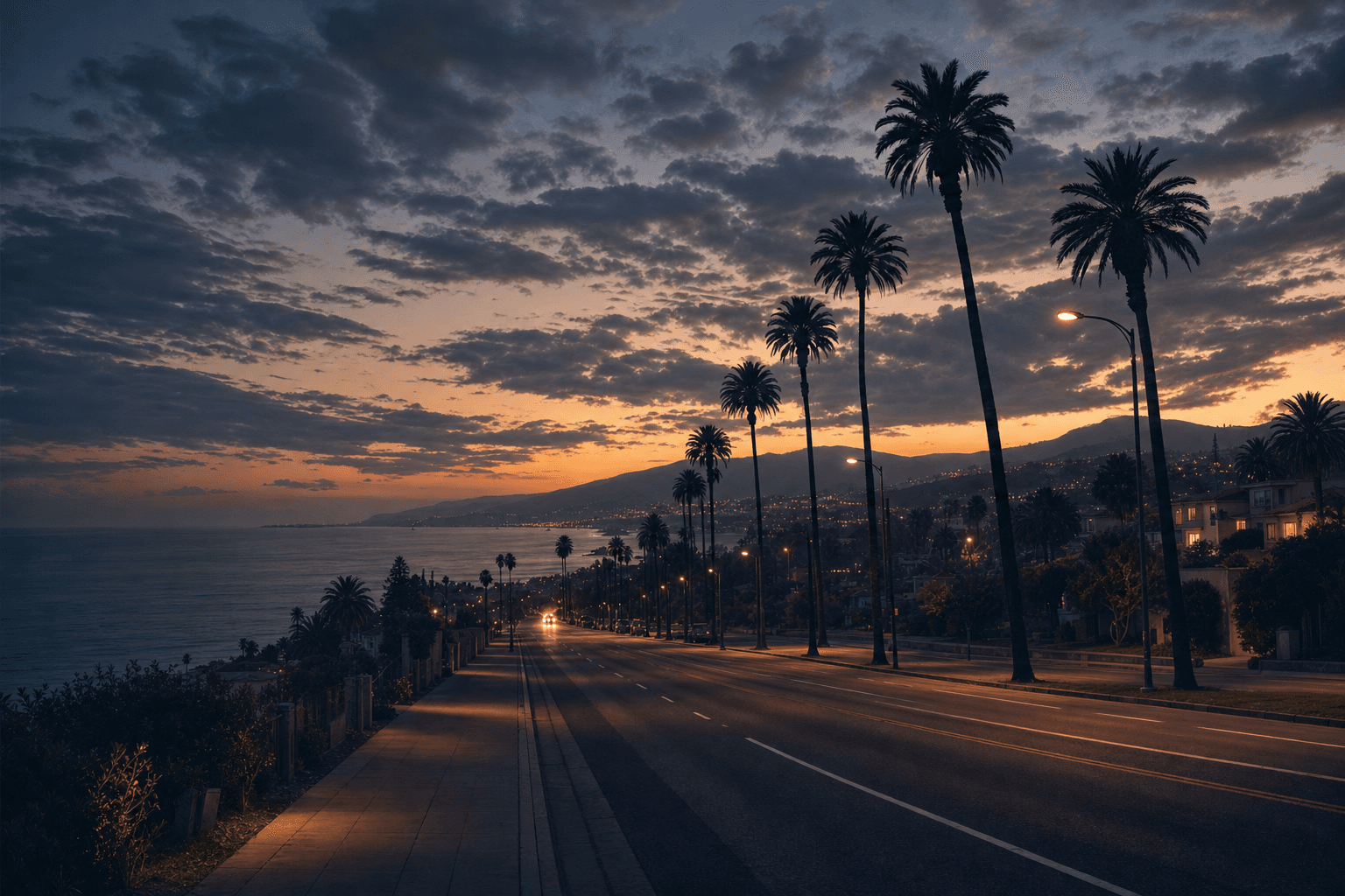 Palm-lined California coastal boulevard at dusk