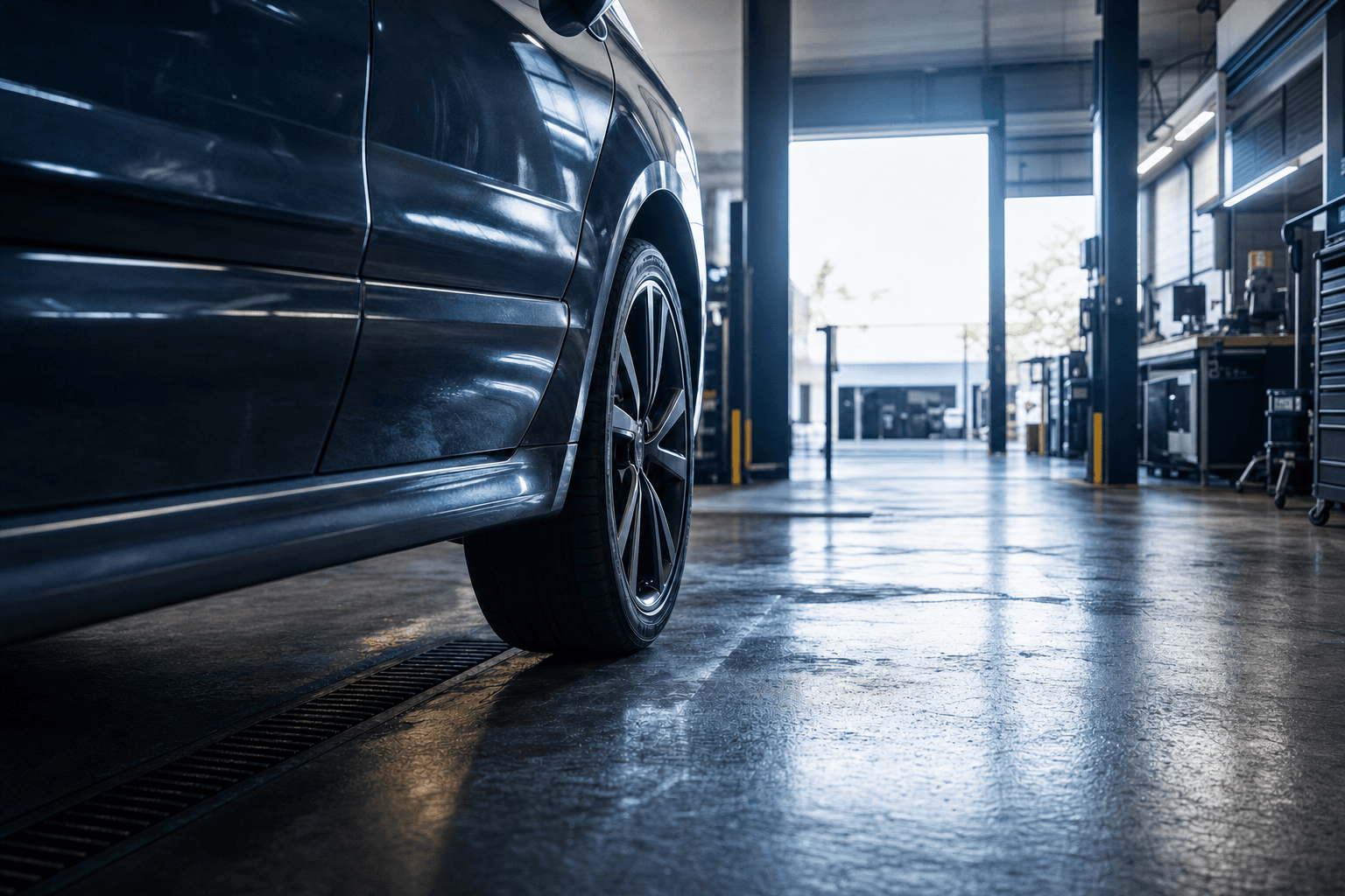 A dark sedan parked inside a vehicle service bay