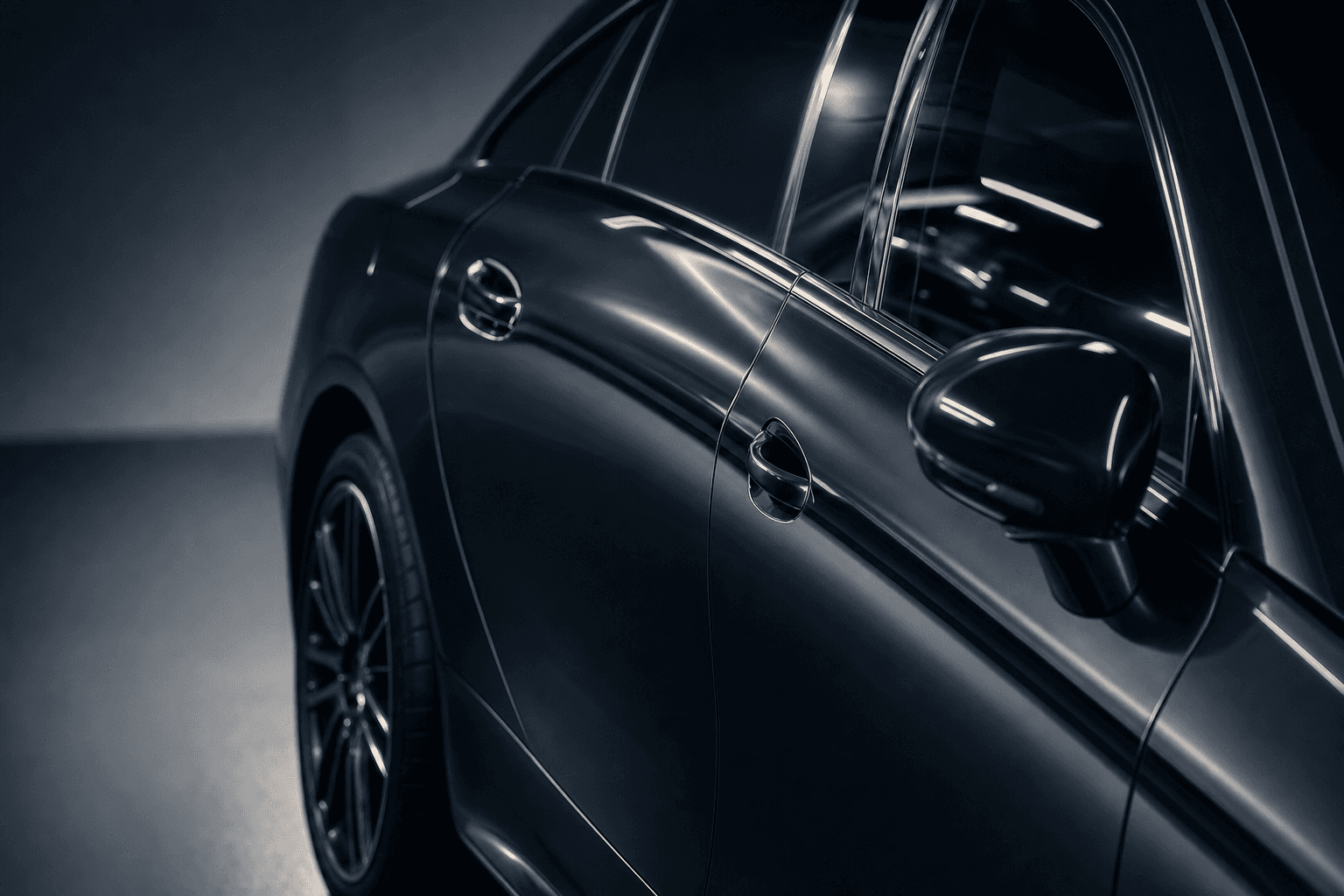 Side panel and door of a sedan photographed in low light
