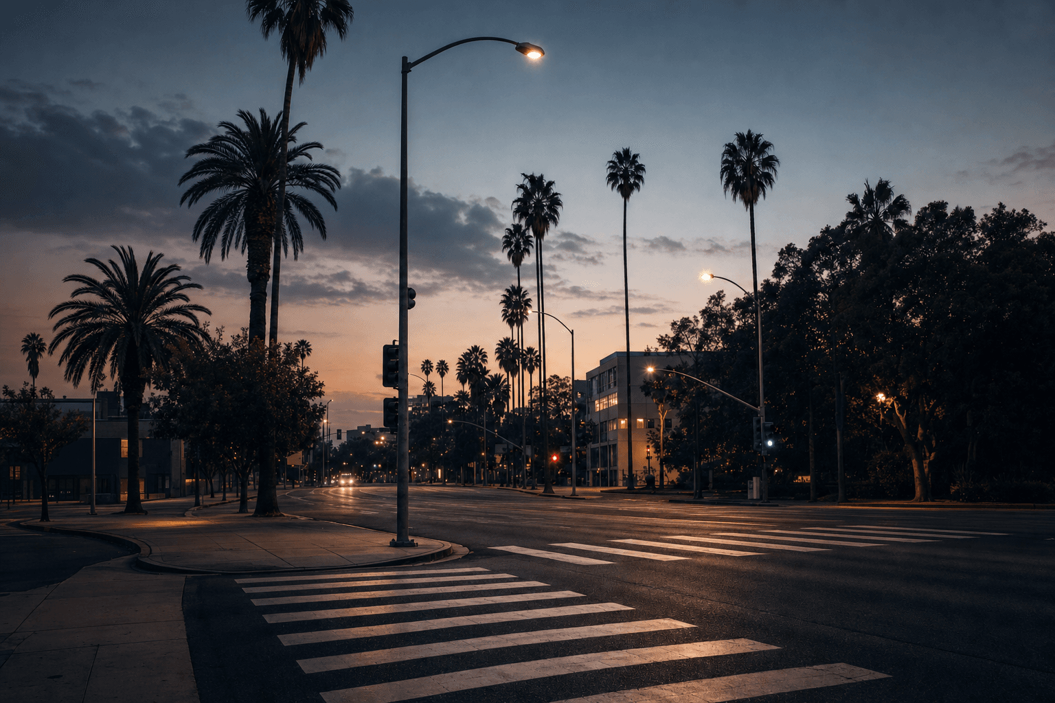 A palm-lined Los Angeles intersection and pedestrian crosswalk at dusk