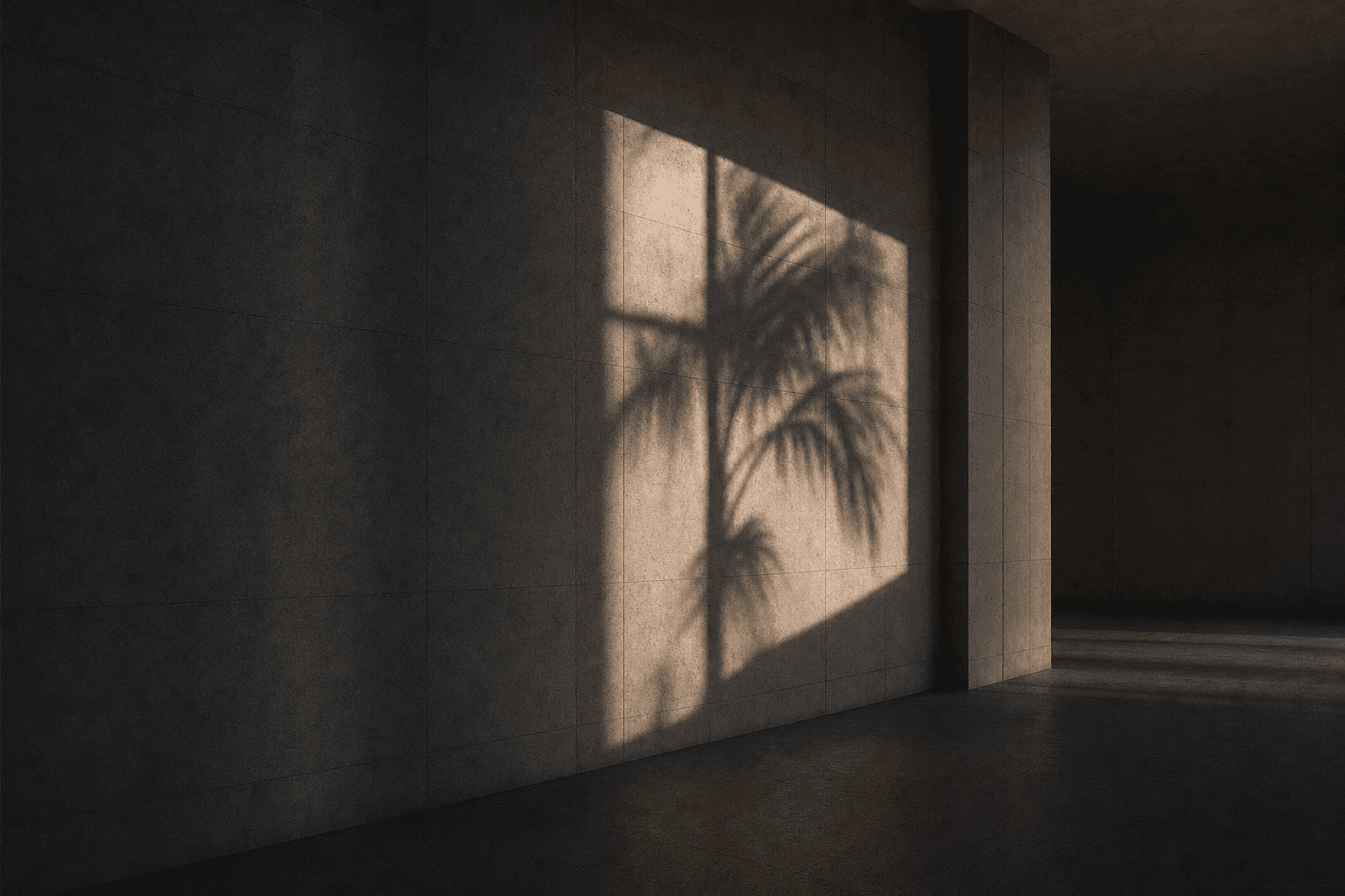 Palm-frond shadow cast across a sunlit interior wall