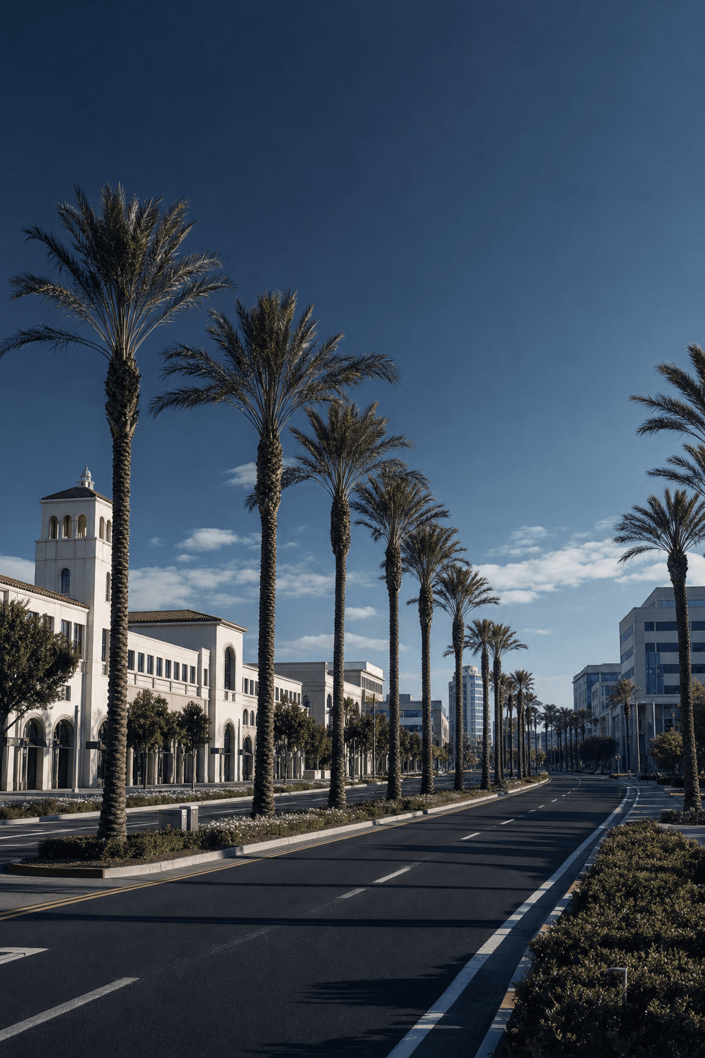 Representative view of a palm-lined street meeting the coast in Orange County, California