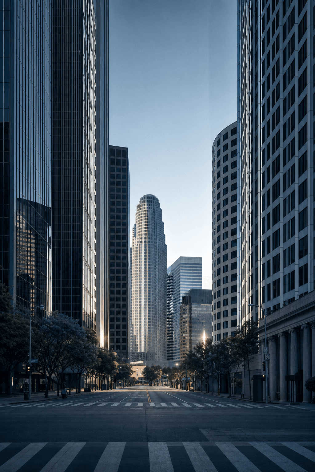Downtown Los Angeles towers rising above a city street