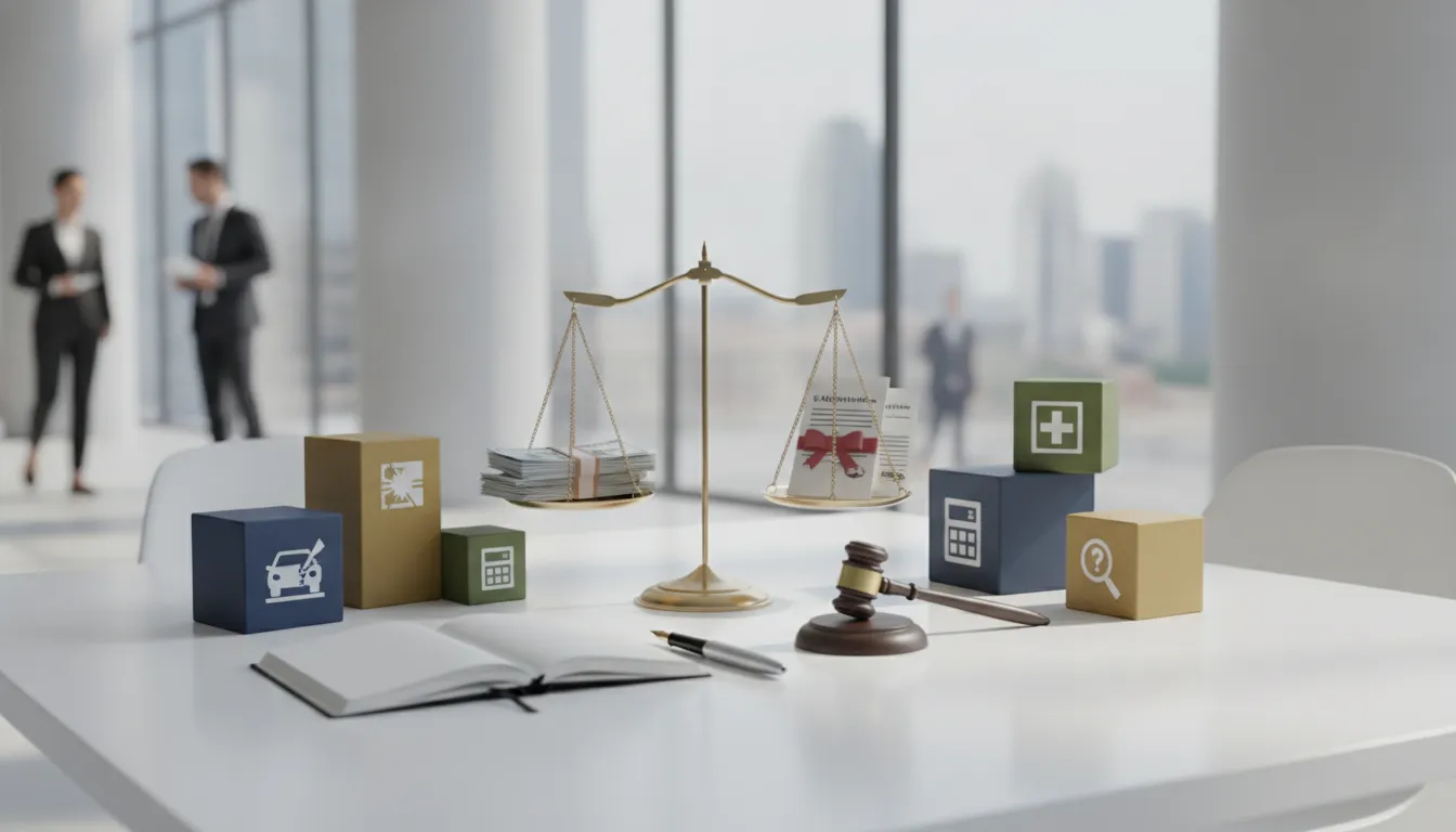 Scales of justice, money, and legal documents representing average personal injury settlement value.