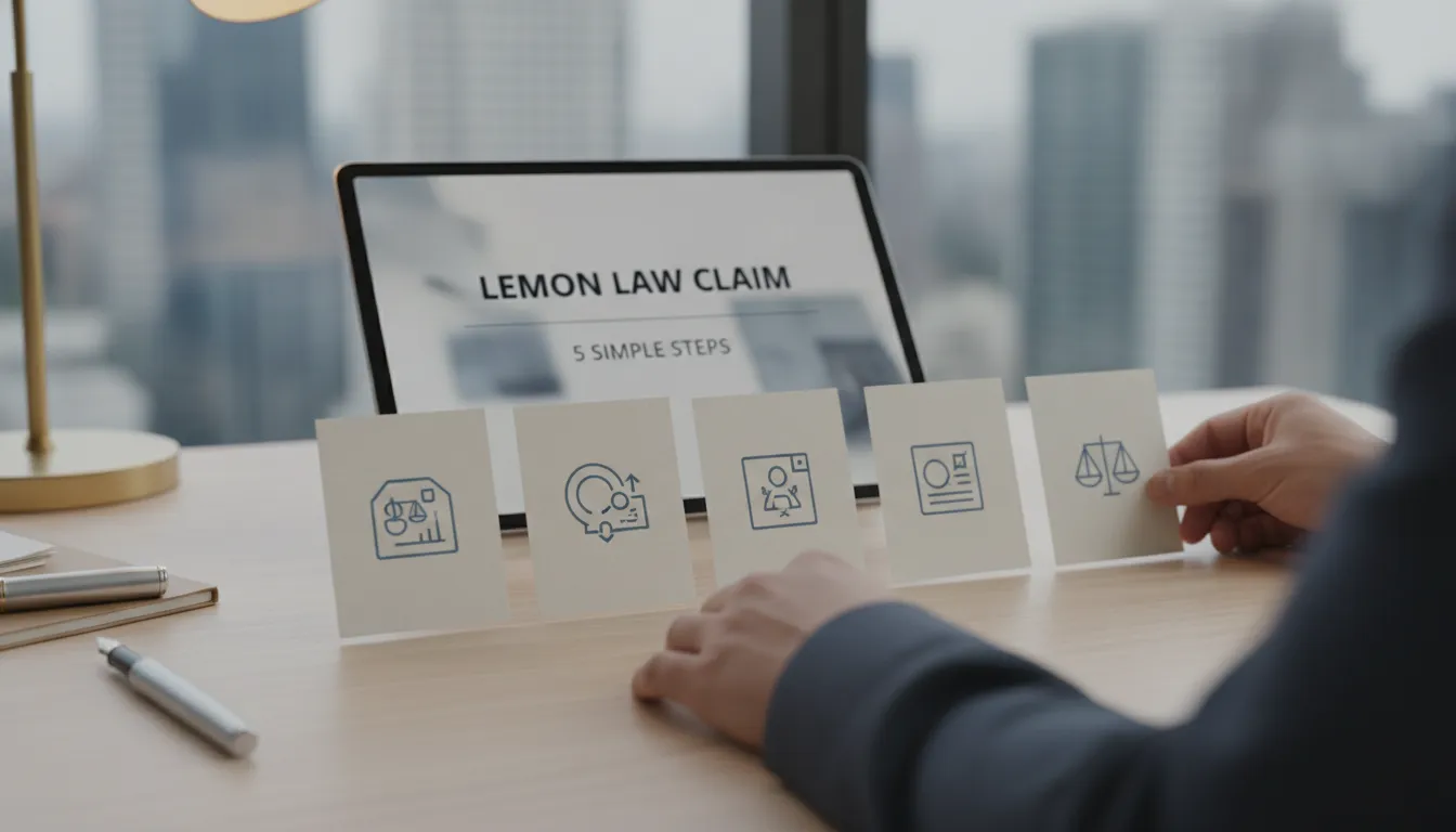 Laptop on a desk with documents for how to file a lemon law claim.
