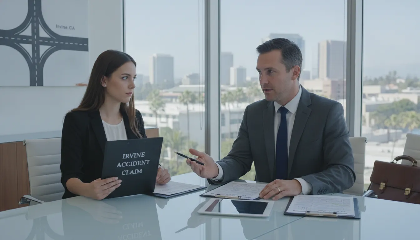 Irvine car accident lawyer reviewing claim documents with a client in a modern office.