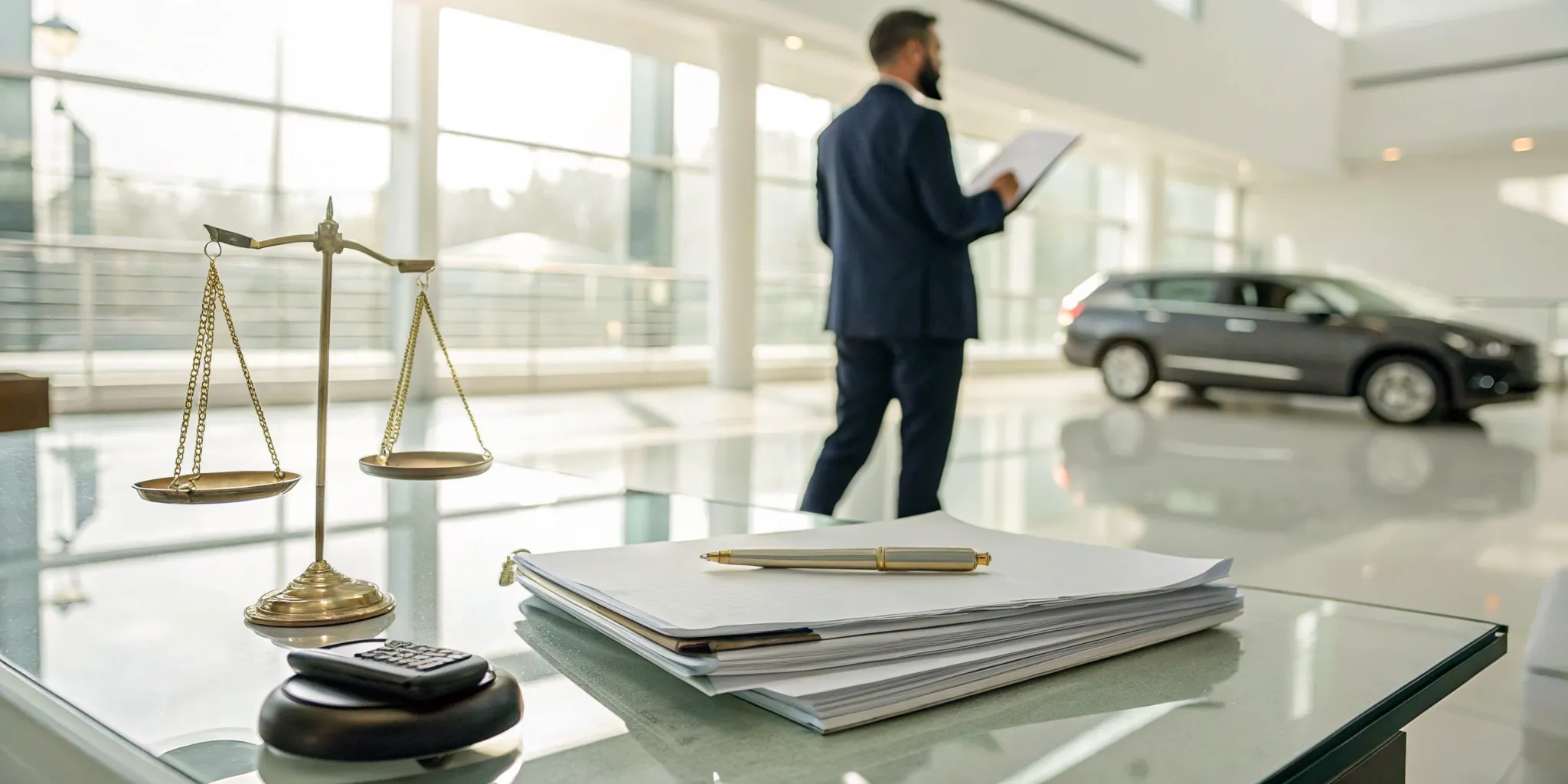 A used car with scales of justice and legal papers for a lemon law claim.