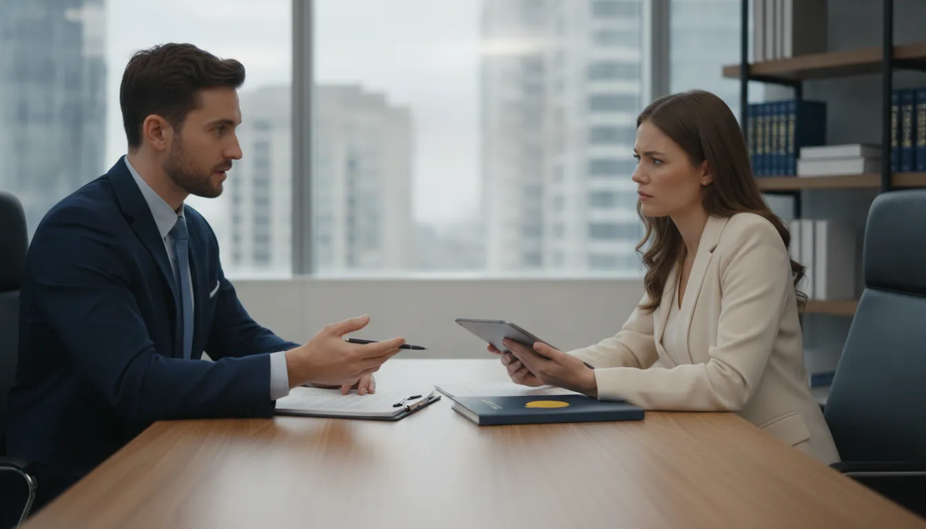 Lemon law lawyer and client reviewing documents during a free consultation.