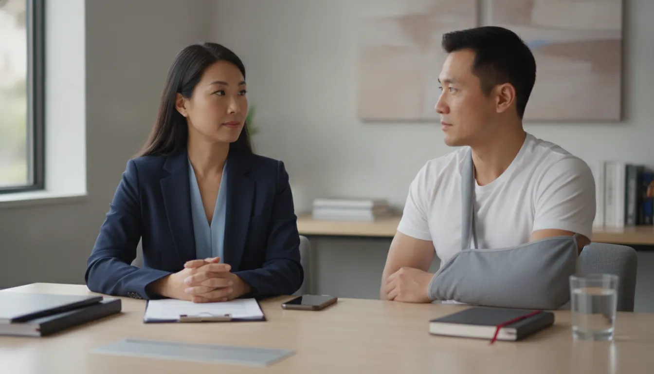 Attorney and injured client reviewing notes before a personal injury case review