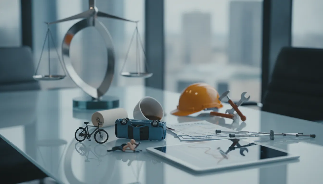 Scales of justice beside a toy car, bicycle, hard hat, and tools representing personal injury case examples.