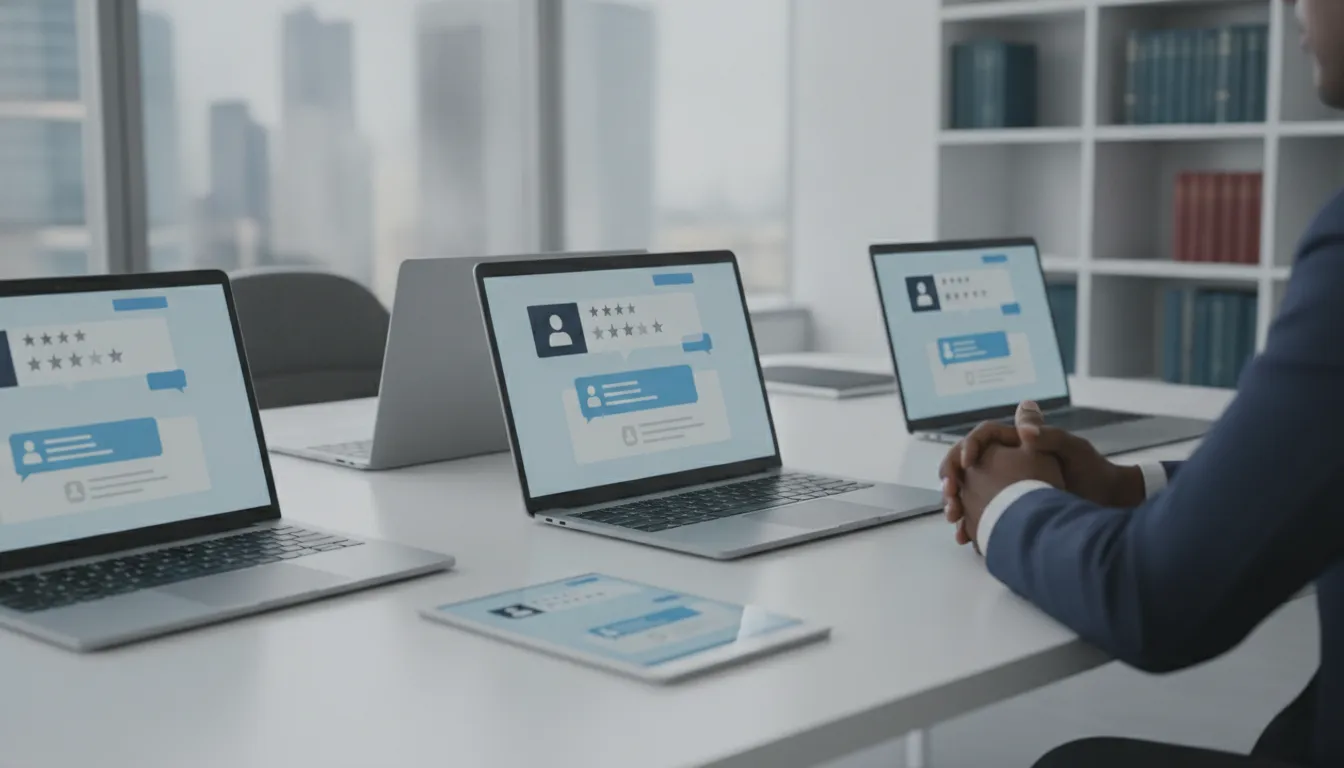 Laptops displaying personal injury law firm reviews and ratings on a conference table.