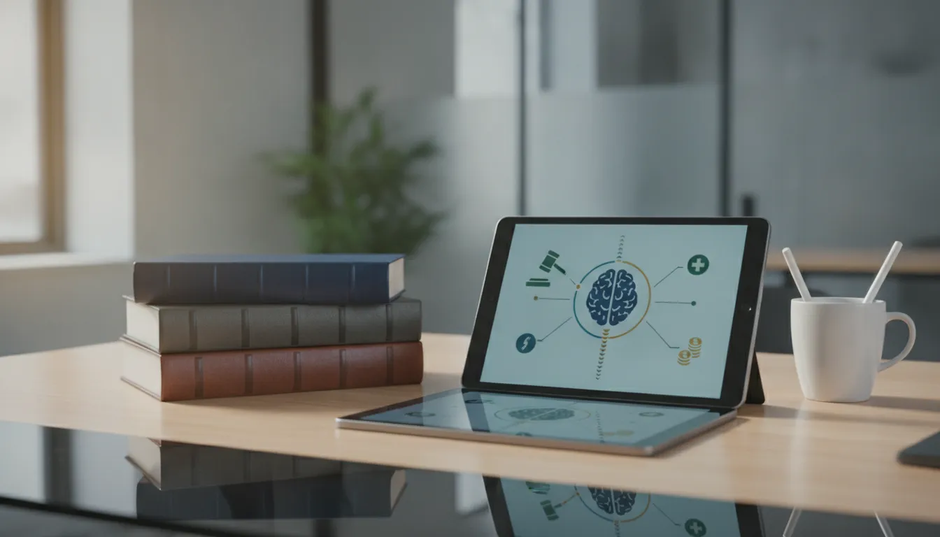 Tablet displaying a personal injury legal terms diagram beside law books and a coffee cup.