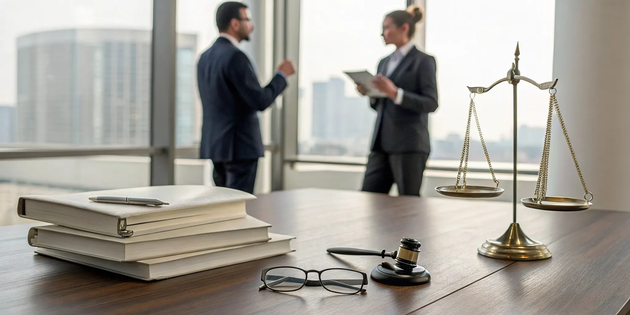A car accident attorney provides legal advice in an office with a gavel and scales of justice.