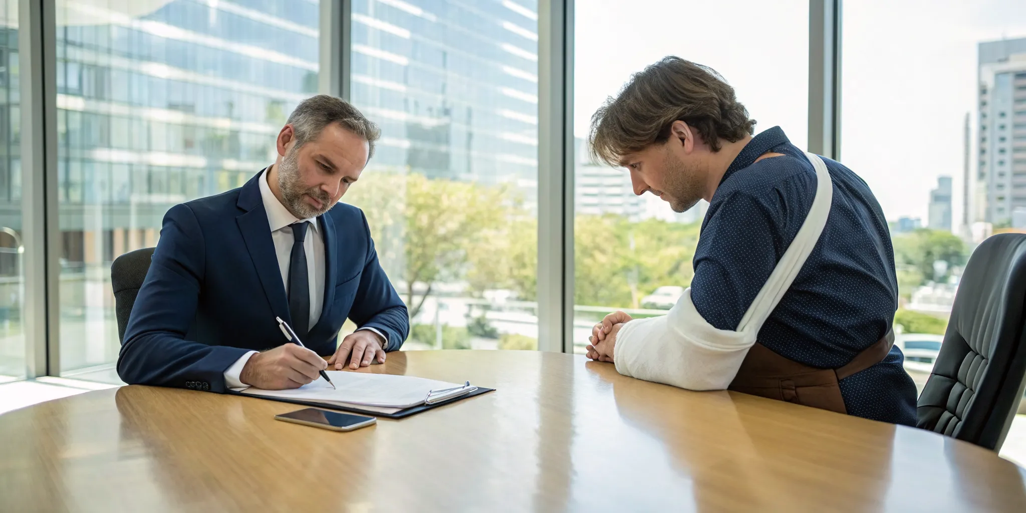 Pedestrian accident lawyer advises an injured client about their claim in an office.