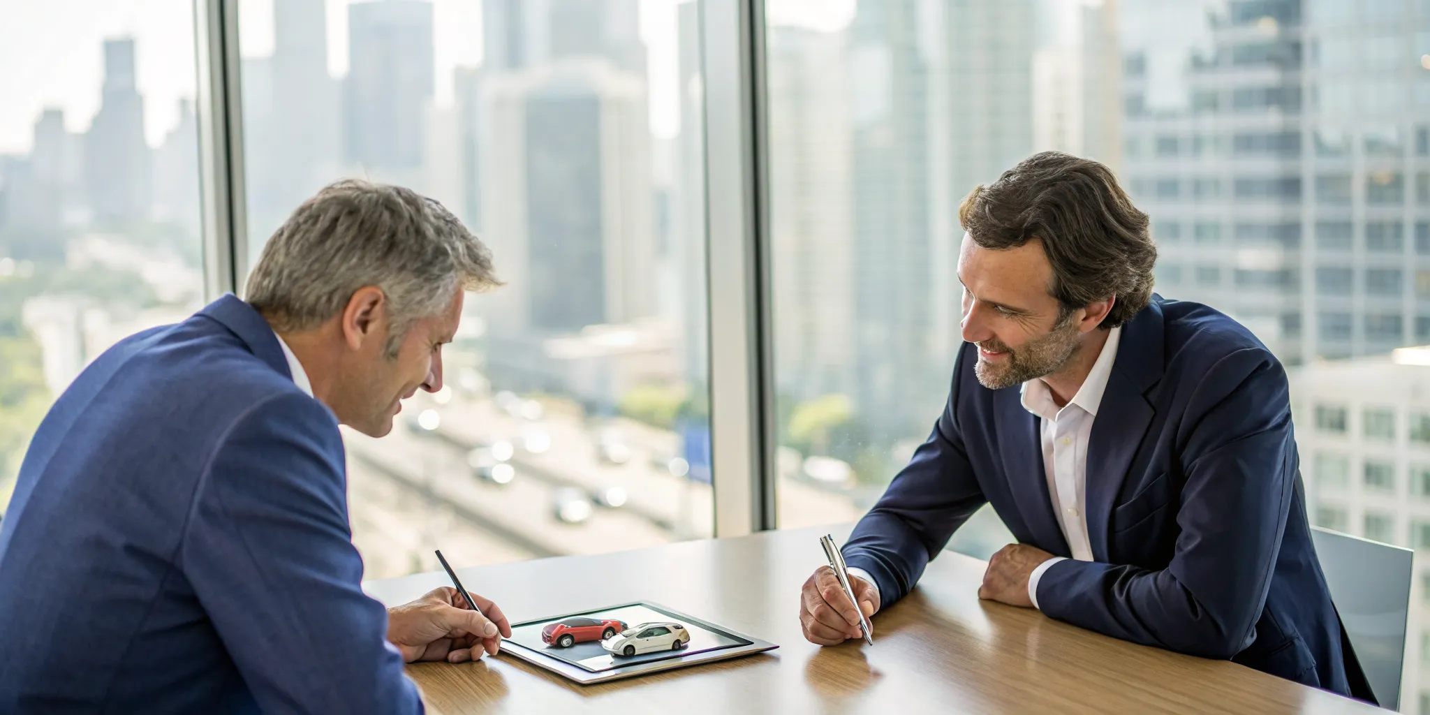 Car collision lawyers discussing an auto accident claim with model cars.