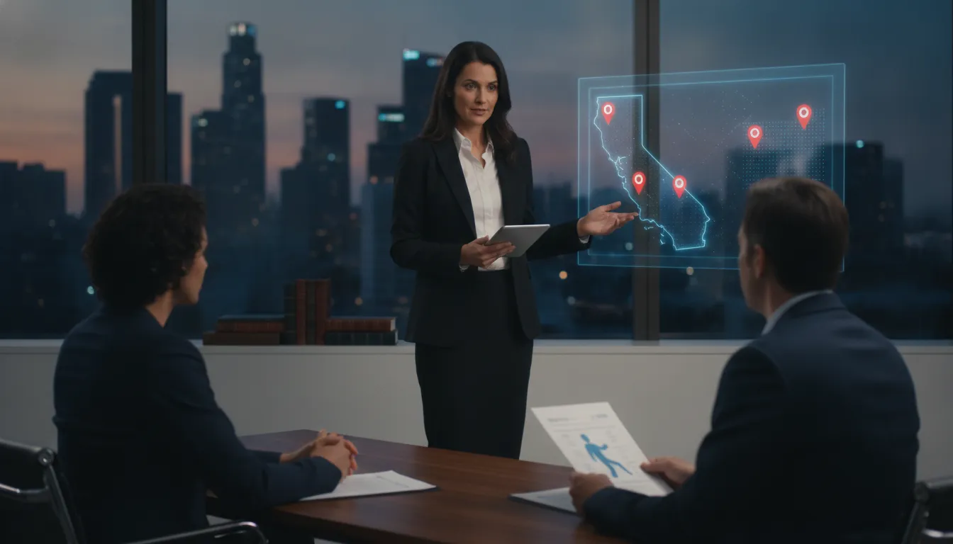 Businesswoman discussing a California premises liability claim with lawyers beside a map and location markers.