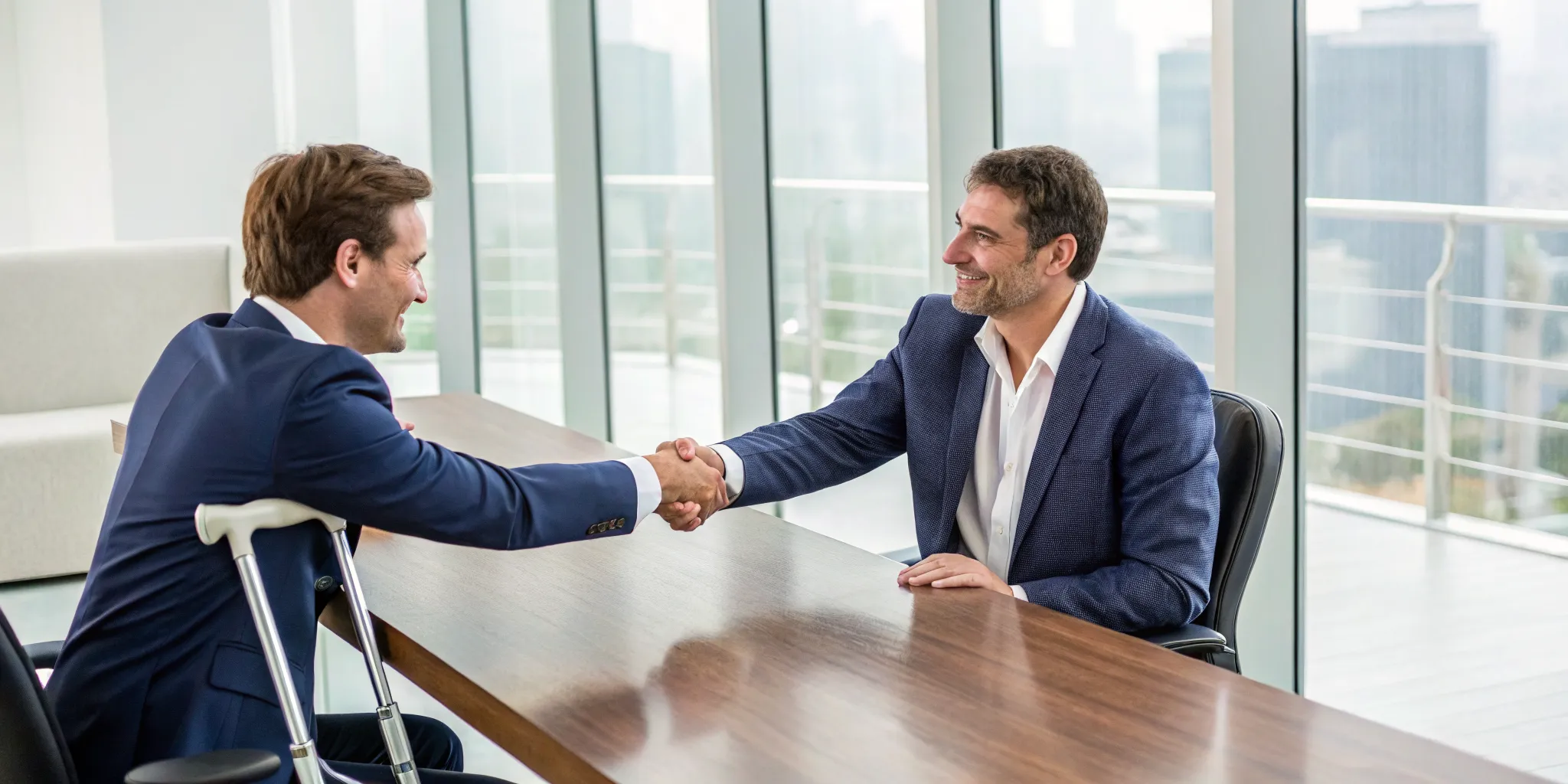 Injured man on crutches shaking hands with a personal injury lawyer.